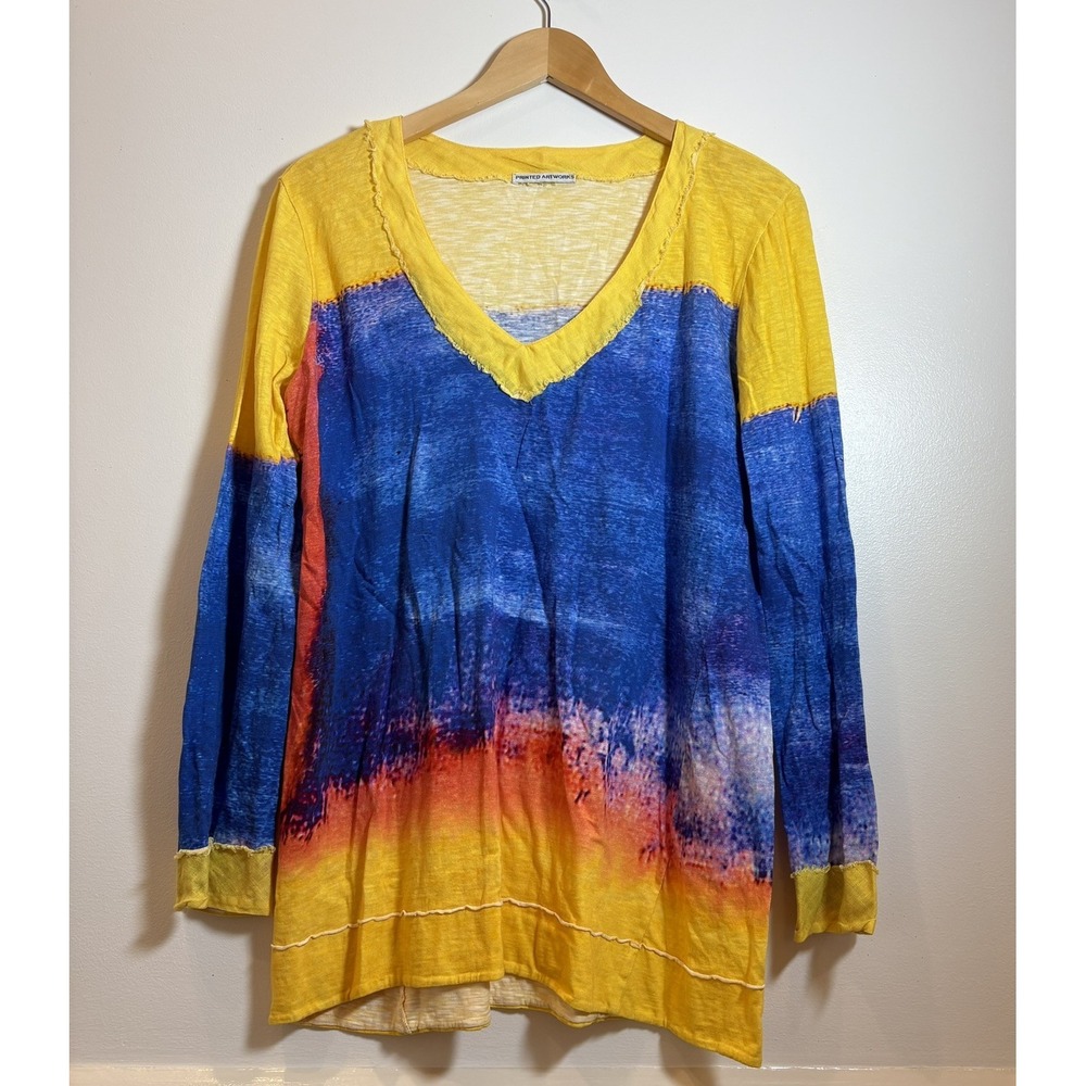 Printed Artworks Small V Neck Long Sleeve Top Multicolor Artsy Boho Linen Italy